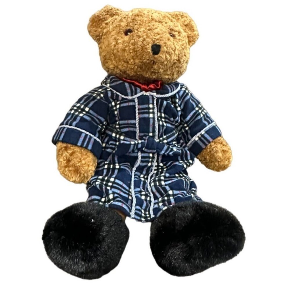 Plaid Pajama Teddy Bear Plush With Black Faux Fur Paws & Red Bow Tie 14 Inches